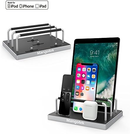 Mangotek Charging Station 4 Ports Charging Base Organizer Built in Original Lightning connectors for iPhone X, iPhone 8, 8 Plus,7,7 Plus, iPad, Airpods, Apple MFi Approved(Silver)