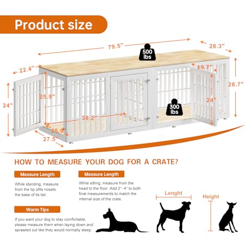 80" Heavy Duty Dog Crate Furniture for Small,Medium and Large Dogs,Rustic Wooden Dog Cage Kennel Indoor Furniture with Waterproof Top,Decorative Pet House Side End Table (White & Wood)