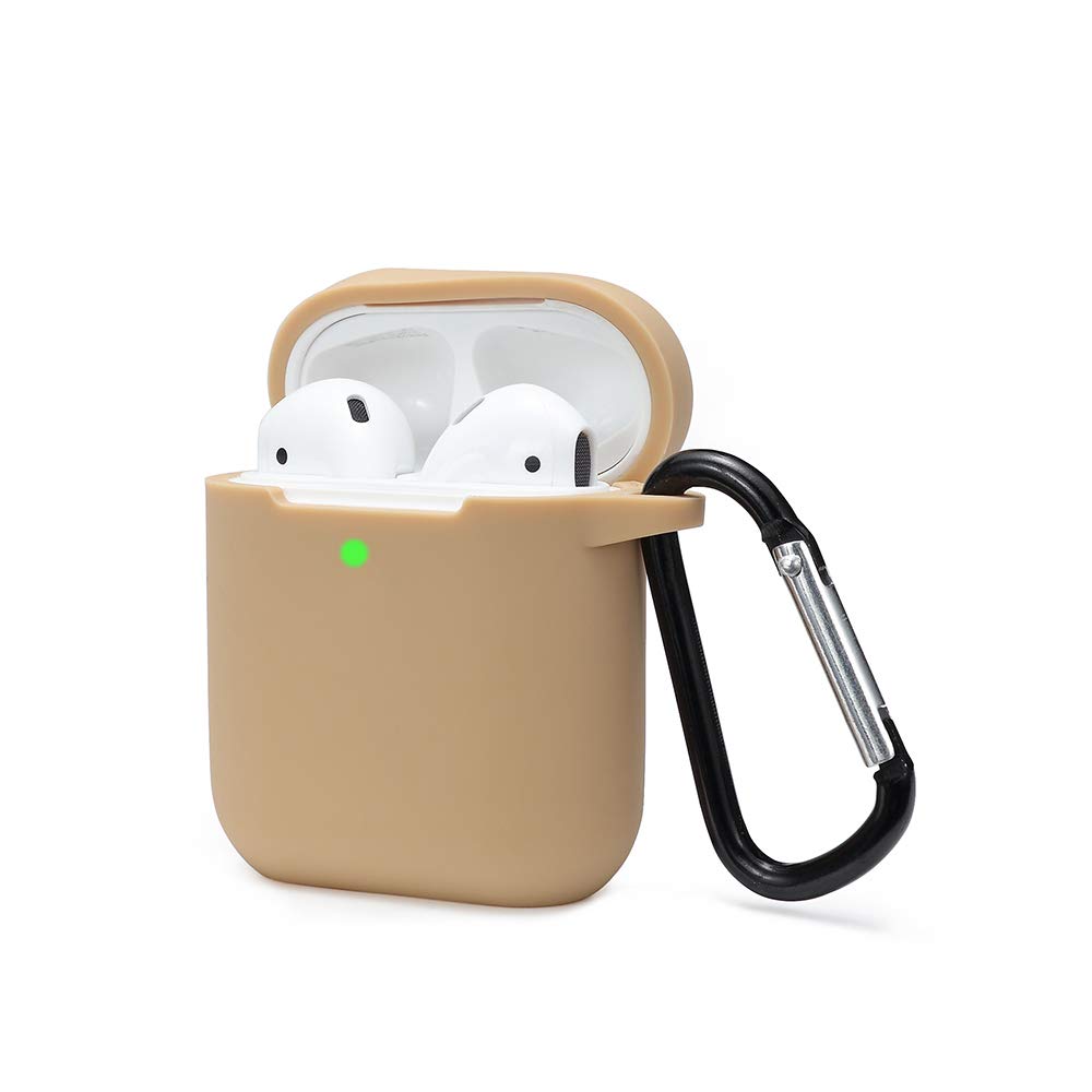 KOKOKA Case Cover Compatible with AirPods 2 & 1, Silicone Shockproof Case Cover for Airpods 2 &1 Front LED Visible Extra Protection with Carabiner, Khaki