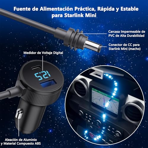 3 en 1 Cable de Alimentación CC para Starlink Mini, Adaptador para Encendedor de 12V-48V con Pantalla Digital, Puertos Tipo C PD de 35W y USB A de 30 W, Ideal para Camiones y Coches (5 metros, 18AWG)