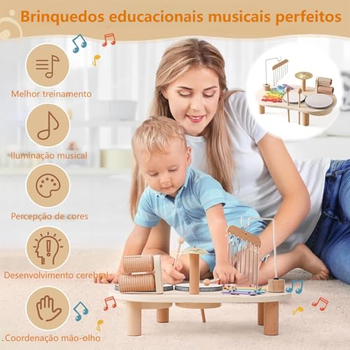 Conjunto de Instrumentos 5 em 1 (Incluindo Pratos), Conjunto de Instrumentos de Percussão, Conjunto de Tambor de Madeira, Kit Musical de Mesa de Madeira Premium, Xilofone