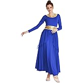 REXREII Women Praise Dance Robe Metallic Waistband Long Sleeve Liturgical Worship Dress Chiffon Skirt Lyrical Costume