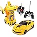 Kids RC Toy Transforming Robot Remote Control (27 MHz) Sports Car One Button Transformation Realistic Engine Sounds 360 Speed Drifting 1:22 Scale Toys For Boys (Yellow)