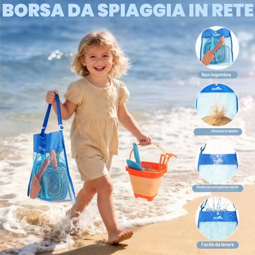 Dreamon Giochi Spiaggia Bambini Set 3 4 5 Anni con Secchiello Spiaggia Bambini Pieghevole Sacco a Rete Setaccio per La Sabbia Pala e Rastrello Giocattoli Regalo Esterno per Bambini e Bambine