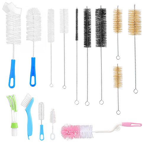 15Pc Food Grade Multipurpose Cleaning Brush Set, Includes Straw Brush|Nipple Cleaner|Bottle Brush|Blind Duster|Pipe Cleaner, Small,Long,Soft,Stiff Kit for Baby Bottles,Tubes,Jars,Bird Feeder