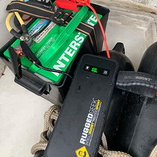 Rugged Geek RG2000 SPORT 2000A Portable 12V Jump Starter/Booster Pack and Power Supply with LED Display, INTELLIBOOST Smart Cables, LED Flashlight, 60W USB Type-C Charging. IP66 Rated.