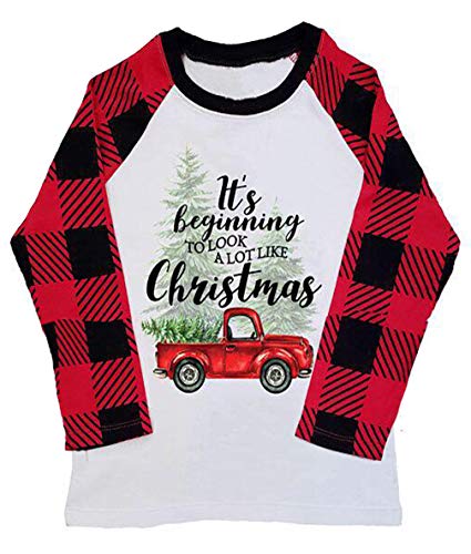 Its Beginning to Look a Lot Like Christmas T-Shirt Women Truck Tree Graphic Long Sleeve Raglan Baseball Tee Top Red