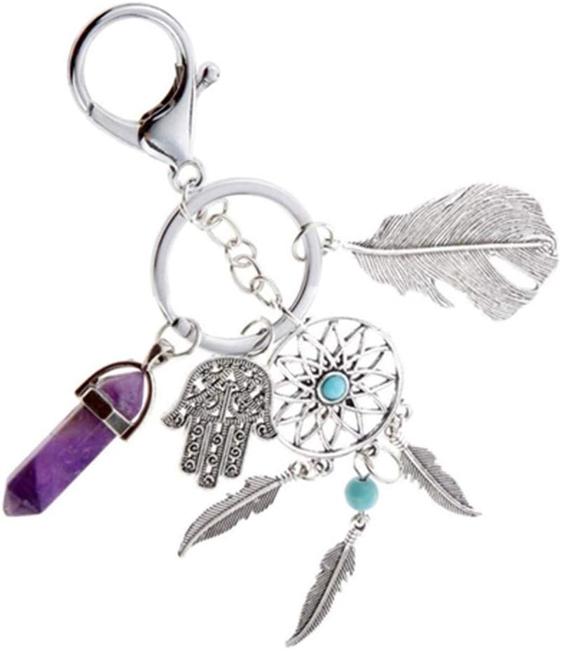 FORUMALL With Natural Stone & Fatima's Hand & Leaves Car & Bag Pendant Decor Mini Dream Catcher Keychain (Purple) - Image 5