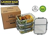 [3-Pack] 2 Compartment Bento Box Leak Proof Glass Meal Prep Food Storage Lunch Containers - Portion Control for Keto, DASH and Mediterranean Diet - BPA Free - Free Keto Cookbook Sample