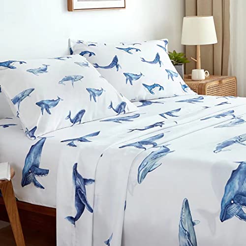 KACEMOO King Size Bed Sheets Set 4PC - Soft Cooling 1800 Thread Count Microfiber Printed Sheet, 8-17 Inch Deep Pocket, Hypoallergenic, Wrinkle, Machine Washable Whale Sea Fish Ocean Animal
