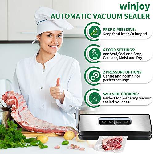 Vacuum Sealer Machine, Winjoy Automatic Food Sealer for Food Savers|Starter Kit|Touch Pannel and LCD Display|Dry & Moist Food Modes| Compact Design (Silver) ...