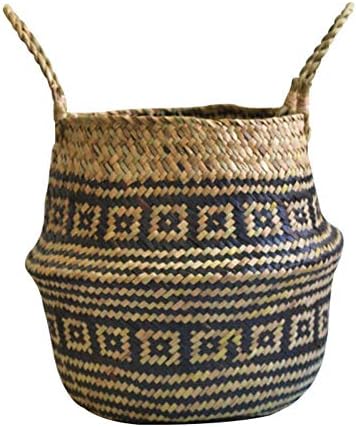 SZETOSY Natural Seagrass Basket - GOODCHANCEUK Seagrass Belly Basket Hand Woven Storage Basket With Handle Toys Laundry Basket Flower Planter Floral Texture Style#5 38CMx36CM
