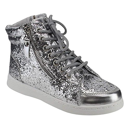 Forever Link Womens Hi Top Glitter Lace Up Ankle Booties Fitness Trainer Fashion Sneakers Silver 5.5 B(M) US