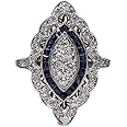 Cutesmile Antique Edwardian Silver Filled Blue Sapphire CZ Crystal Eye-shape Ring Band