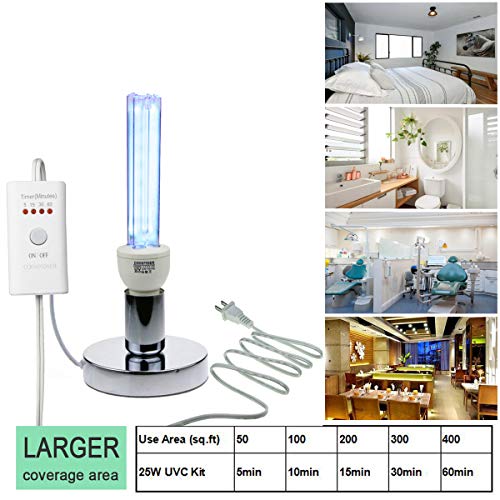 UV Germicidal Lamp UV-C Light Timer/UVC Bulb with Base / E26 25w 110v Covers up to 400sq ft. UVC Ozone Free