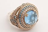 Turkish Handmade Jewelry Round Shape London Blue and Round Cut Topaz 925 Sterling Silver Ring Size Options
