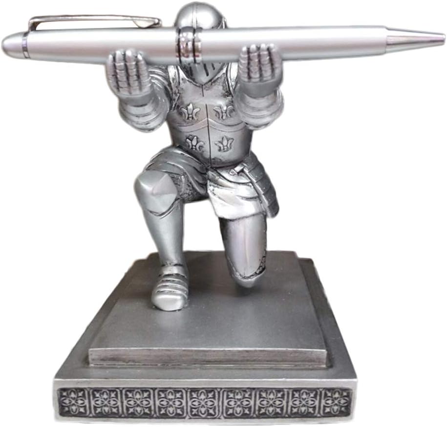 Fangfeen Resin Knight-Kneeling Pen Holder Desktop School Office Student Gift Pencil Stand and Metal Pen