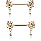 Pierced Owl 14GA 316L Stainless Steel CZ Crystal Paved Butterflies with Dangling Gems Nipple Barbells, Sold as a Pair