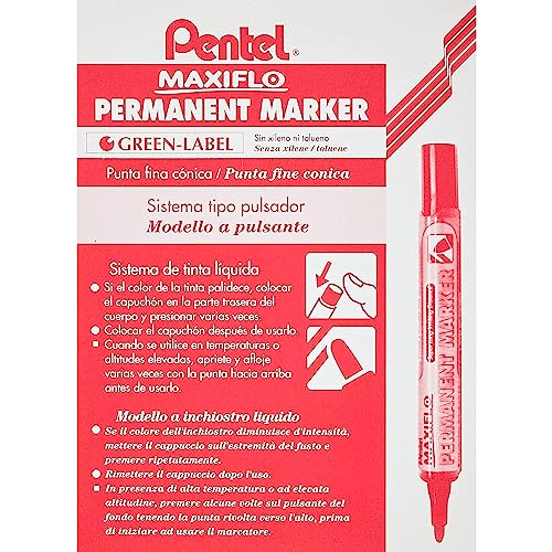 Pentel Maxiflo Permanentmarker, mittlere Rundspitze, Tinte, Rot, 12 Stück