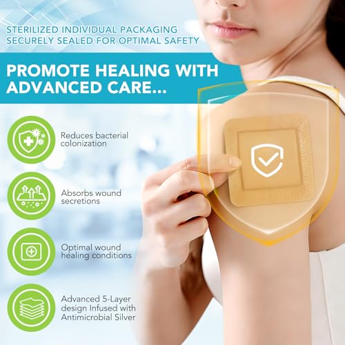 Silicone Border Silver Foam Dressing (4"x4") - 5 Pack | Antimicrobial Wound Care with Ag+ Technology | Absorbent, Water-Resistant & Skin | OTC Medical Foam Dressing