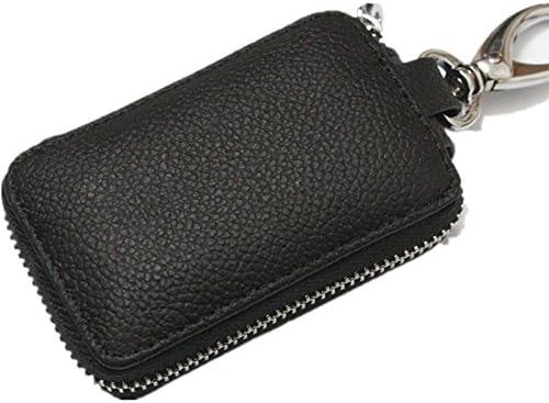 Car Key Case Leather Chain Holder Metal Hook Ring Zipper Bag Fob (black)