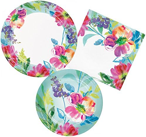 Springtime Party Supply Pack in Painterly Floral Design. Bundle Includes Paper Plates &amp; Napkins for 8 Guests