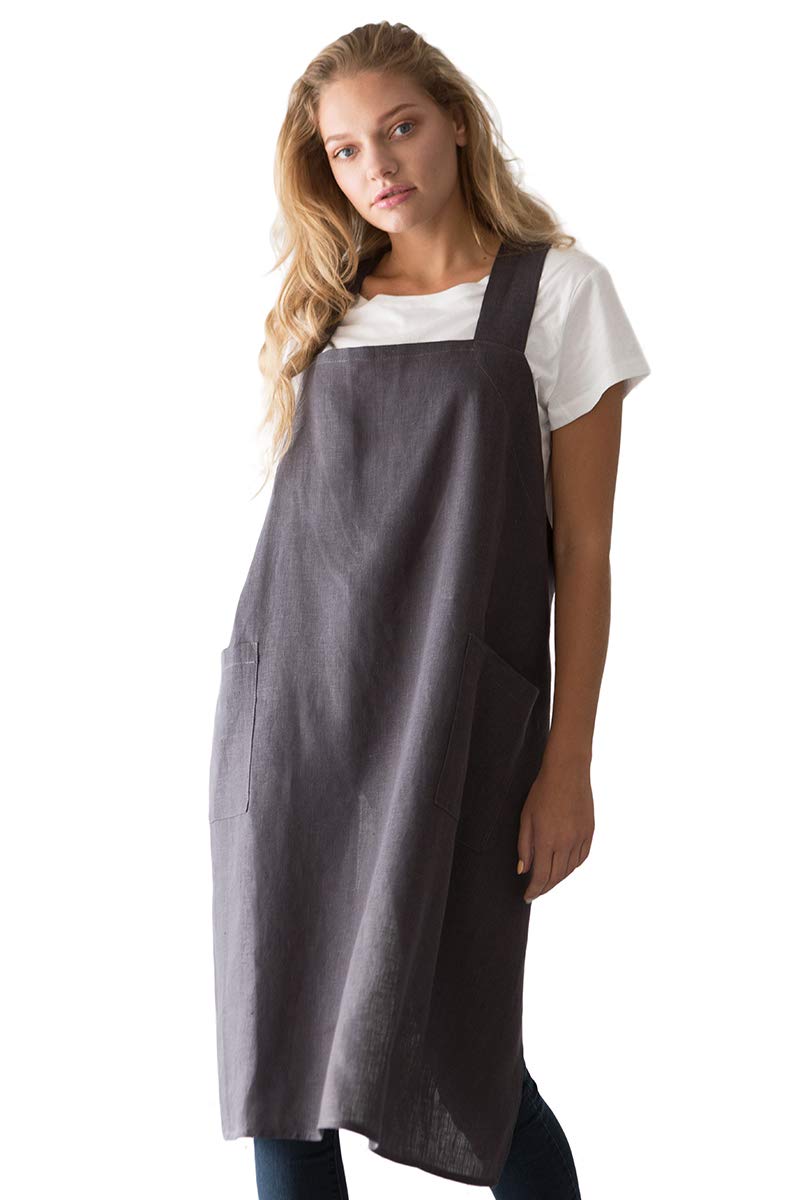Bunny Street Pinafore Apron - Premium Quality Linen Japanese Apron for Women - Square Cross Back Apron for Work, Kitchen, Craft - Volcanic Ash Smock