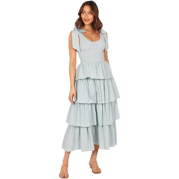 Lillee Tiered Maxi Dress - Olive Print S at Amazon Women's Clothing store