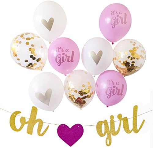 Baby Shower Decorations | Oh Baby Girl Baby Shower Party Decor | Party Supplies Gold (Neutral), Blue or Pink | Banner &amp; Confetti Glitter Balloons w/Ribbon Kit 13 PC Set (Pink Oh Girl)