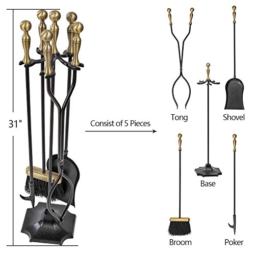 Amagabeli 5 Pieces Fireplace Tools Sets Brass Handles Wrought Iron Set and Holder Indoor Outdoor Fireset Fire Pit Stand Rustic Tongs Shovel Brush Chimney Poker Wood Stove Hearth Accessories Kit Large