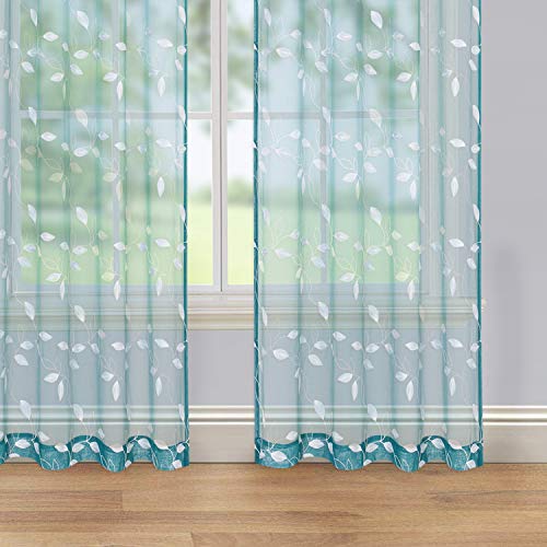Haperlare Leaves Embroidered Sheer Curtains for Living Room 84 inches Long Teal Sheers Curtain