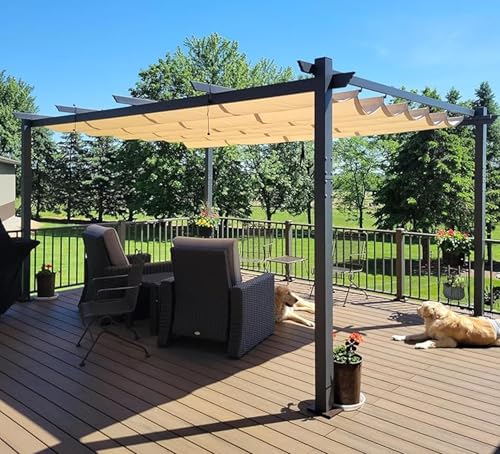 PURPLE LEAF 12' X 16' Outdoor Retractable Pergola with Sun Shade Canopy Patio Metal Shelter for Garden Porch Beach Pavilion Grill Gazebo Modern Yard Grape Trellis Pergola, Beige