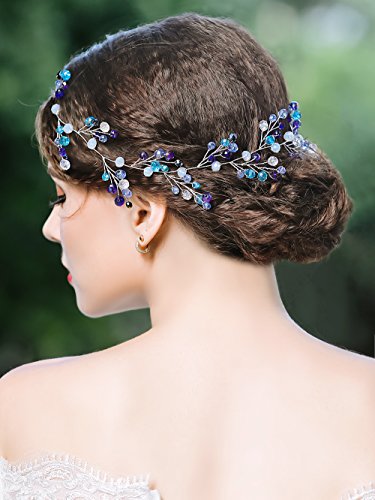 Yean Blue Wedding Headband Crystal Silver Long Hair Vine Baby Wreath Headdress for Bride and Bridesmaid - Thumbnail 2