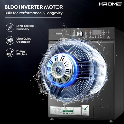 Krome Front Loading Washer Dryer Machine, 9 Kg Washing, 6Kg Drying, 1400 RPM, 16 Program, Variable Temp, Foam Sensing & Removal, BLDC Motor, Auto Restart & Balance, Load Detect, Child Lock -KR-WD96STI