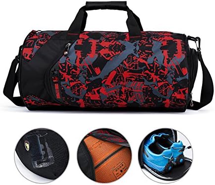 Lucky Gourd33L Cylindrical Sports Bag Gym Luggage Holdall Shoulder Backpack Luggage Sports for Soccer Football Basketball Vacation Travel (Red)