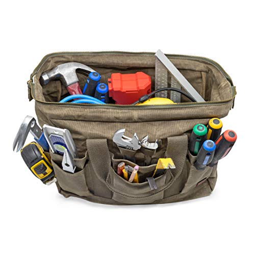 PD Canvas Tool Bag 14Inch, Khaki, 22 Pockets, Heavy Duty Tradesman Bag