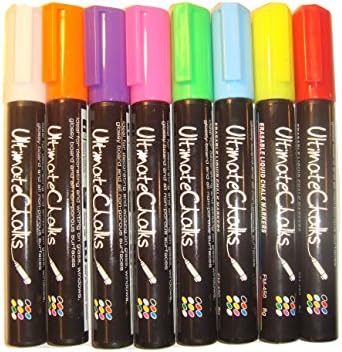 UltimateChalks™: SMUDGE FREE TIPS - Professional Chalkboard Paint Pen 8 Pack!** ►UltimateChalks™ Premium Liquid Chalk Markers with Exclusive Premium Quality REVERSIBLE TIP (Dry-erase Markers) ►8.Colors:Radiant &amp; Vibrant, Bright.&amp;.Bold ►5mm.Chisel.Tip.for.both.thin and thick lines ►Fast.Drying,.Clean.lines, No Drip ►Professional.Liquid Chalk Paint Marker Pens ►Perfect.for:Home,Work,School, Restaurants,Retail ►100%.Money.Back.Guarantee
