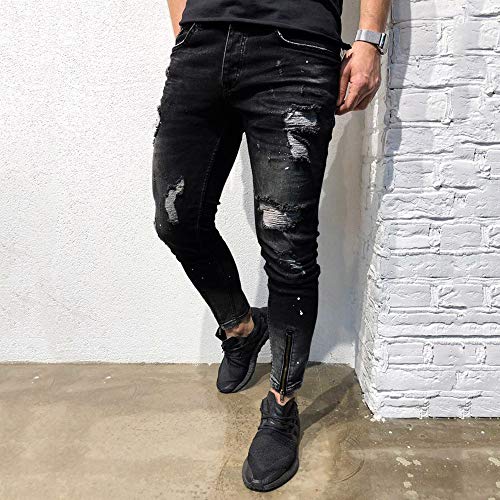 Caopixx Men Casual Trouser Biker Ripped Skinny Jeans Frayed Slim Fit Denim Pants Mens Shorts D-Black