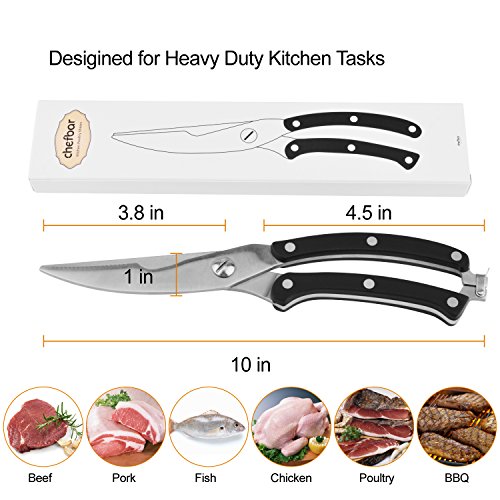 Kitchen Scissors Heavy Duty Stainless Steel Spring Loaded Shears Sharp Blade Safety Clip Rust Free Comfortable Handle- Great for Poultry, Fish, Chicken, Beef, BBQ, Herbs & Plastic