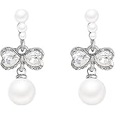 ZXYMHL Butterfly Dangling Hoop Earrings for Women Silver Bow Pearl Drop Earrings with Cubic Zirconia Dainty Cute Birthday Valentine's Day Jewelry