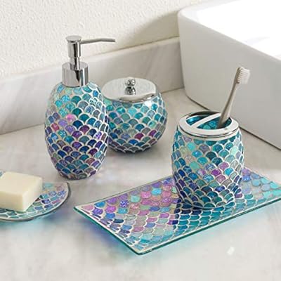 Bathroom Accessory Set | 5-Piece Decorative Glass Bathroom Soap Dispenser Set | Soap Dispenser, Tray, Jar, Toothbrush… 51dd5K6bmyL