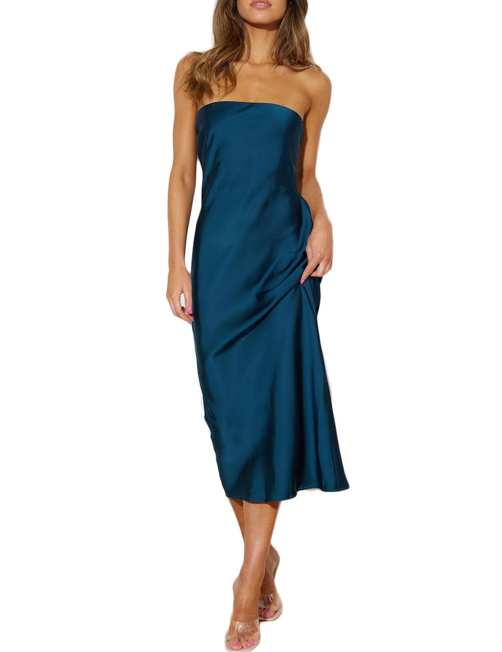 Photo 1 of BEOVR Summer Satin Strapless Backless Wedding Guest Midi Dress for Women Elegant Tube Top Sleeveless Tie Back Maxi Dresses Teal