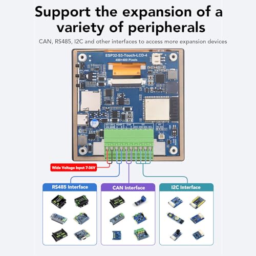 ESP32-S3 Development Board, 4 Inch Multi Touch LCD Screen with 480x480 Resolution 65K Colors BLE5 Capacitive Touch Display Supports CAN RS485 I2C Interfaces