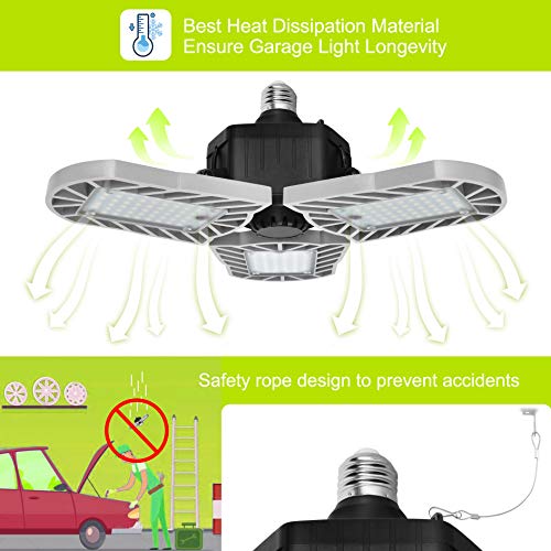 LED Garage Ceiling Lights Deformable LED Garage Lights, 60W 6000LM E26 Base Triple Glow, 6000K Ultra Bright Grey Garage Led Light, for Basement Workshop Warehouse, 2 Pack