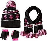 Pink Platinum Little Girls Hat Glove Scarf 3pc Set- Flower, Black, Youth