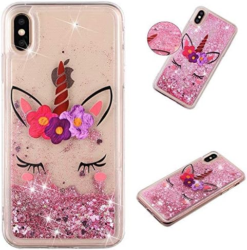 Glitter Case for iPhone Xs MAX,QFFUN Bling Floating Liquid Quicksand Soft Clear Slim Fit Silicone Case with Screen Protector Shockproof Anti-Scratch Bumper Protective Cover - Unicorn