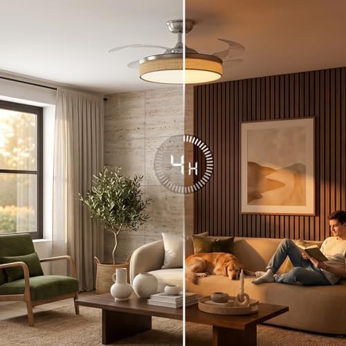EnergySilence Aero 4222 Ventilador de Teto Têxtil Invisível com Luz e 3 lâminas retráteis. 30W, motor DC, diâmetro 42", 3 tons LED, botão, 6 velocidades, temporizador, design em tecido