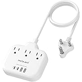 South Africa Plug Adapter, Type M Adapter for South Africa with 3 AC Outlets & 4 USB Ports(2 USB C) 15.5W, 3FT Extension Cord