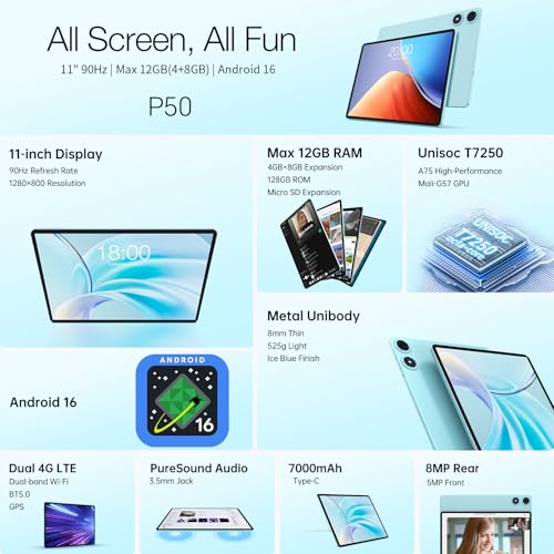 TECLAST P50 Tablet 11 Inch Android 16 Tablet 90Hz, Dual SIM 4G LTE + 5G WiFi, 2GHz Octa-Core T7250, 128GB ROM(TF 5TB), Gemini AI, 7000mAh, Widevine L1/GPS/8MP/3.5MM, Tablet with Pencil+Case, 2026