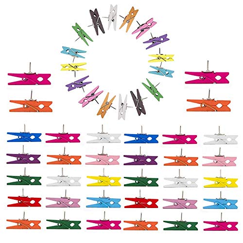 50Pcs/Set Push Pins with Colorful Wooden Clip Pushpins Thumb Tacks for Cork Boards Bulletin Boards Cubicle Walls, No Holes for Paper(Random Color)